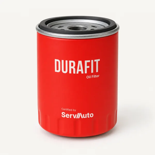DuraFit oil filter, red canister printed DURAFIT Oil Filter and Certified by ServAuto