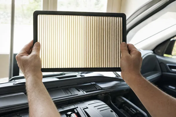 Hands holding an engine air filter up to daylight, light showing through the pleats