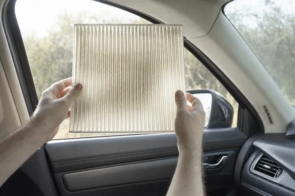 Hands holding a cabin filter up to the light from a car window
